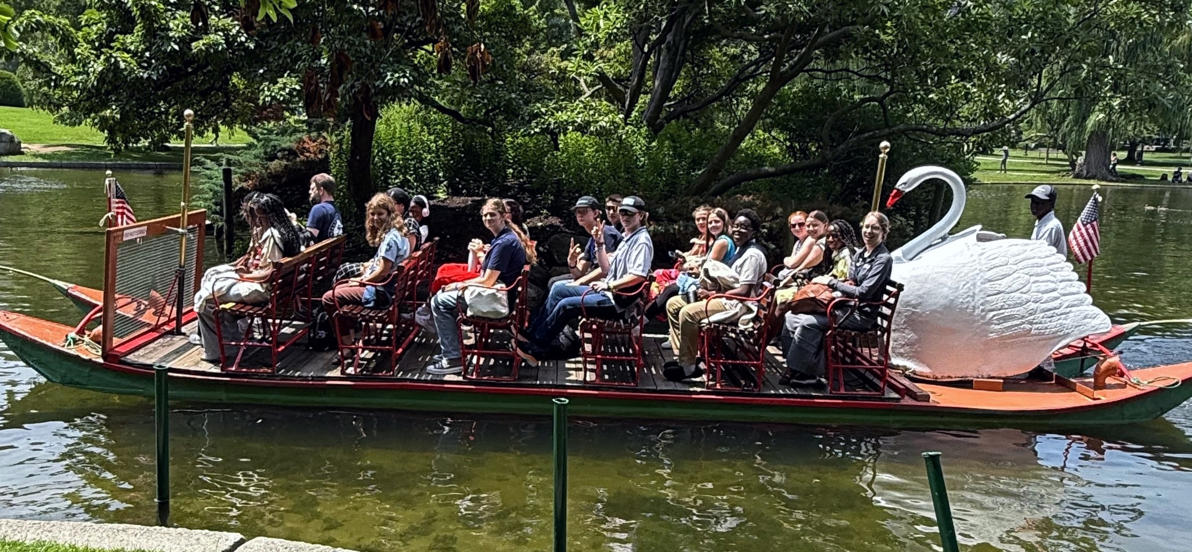 Discover Boston participants on a swan boat.