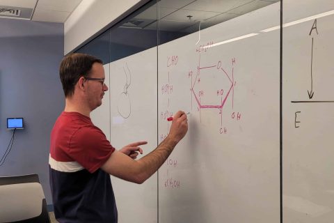 Biology student writing on whiteboard